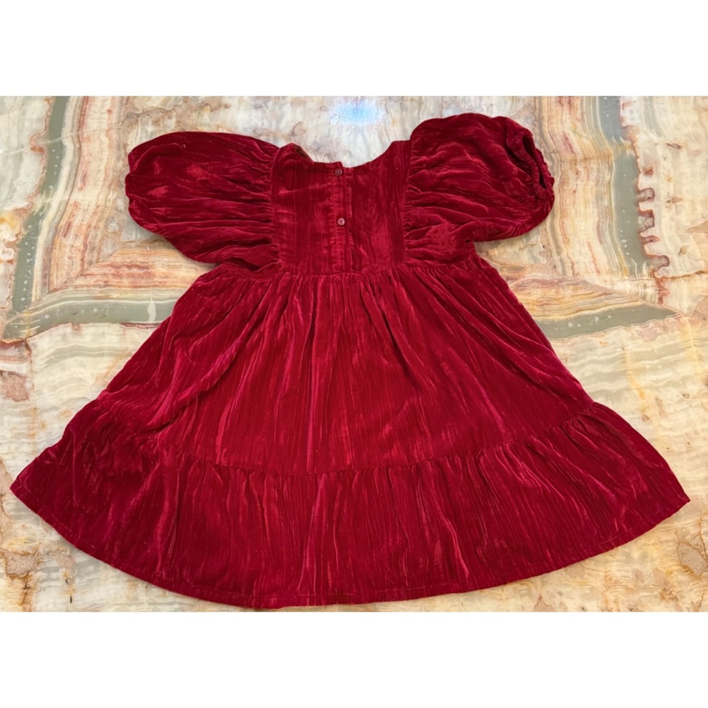 H&M Girls Party Tiered Dress Red Velvet Puff Sleeve Holiday Christmas Size 4T
